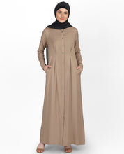 Front view of curved collar slim waist brown abaya – modest abaya design