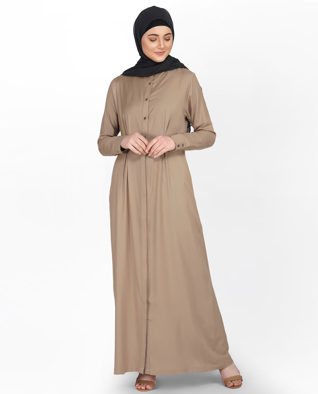 Curved Collar Slim Waist Brown Abaya