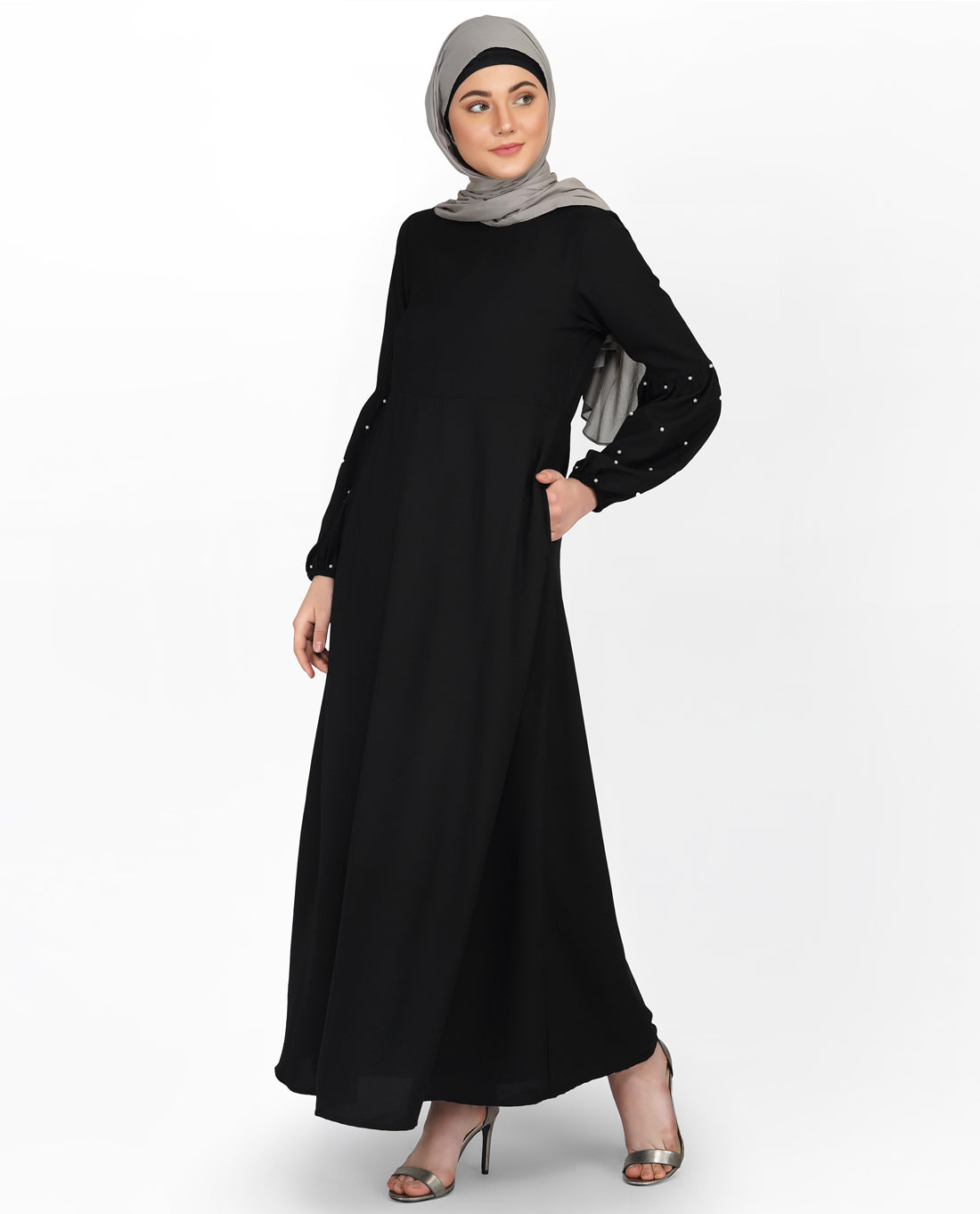 Front view of pearl embellished black puffed sleeve abaya – modest abaya design