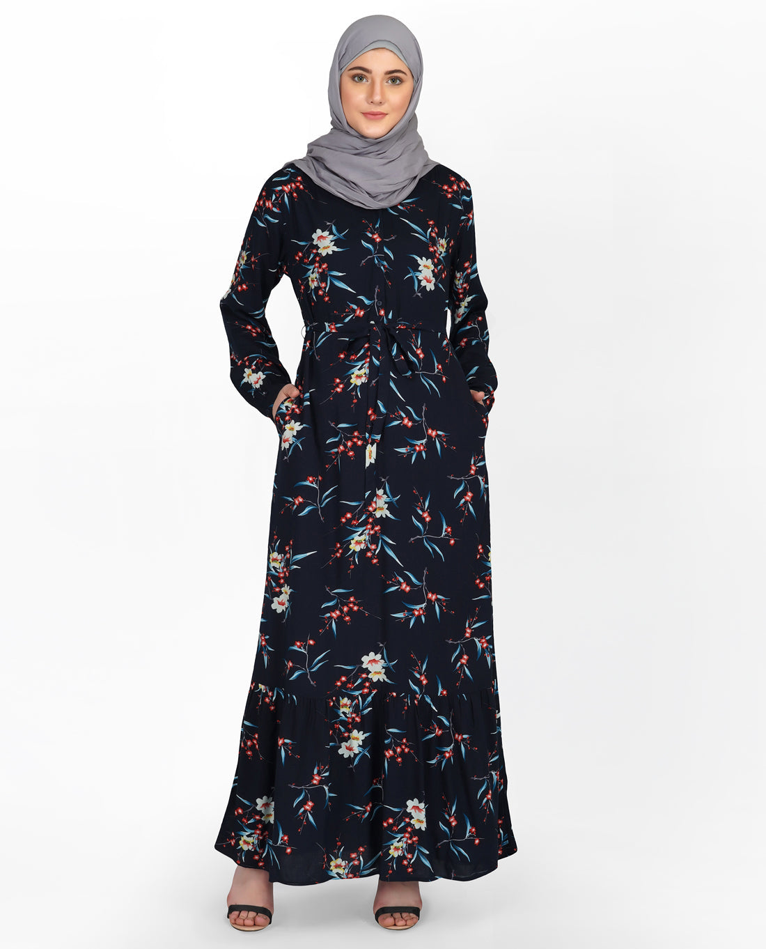 Front view of deep navy floral v neck abaya – modest abaya design