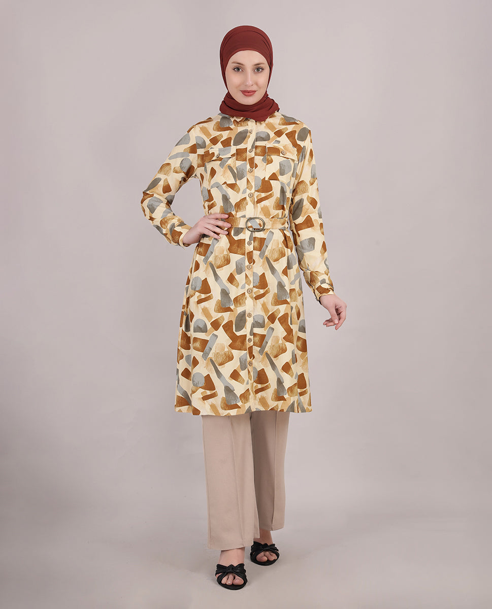 Abstract Print Belted Rayon Top
