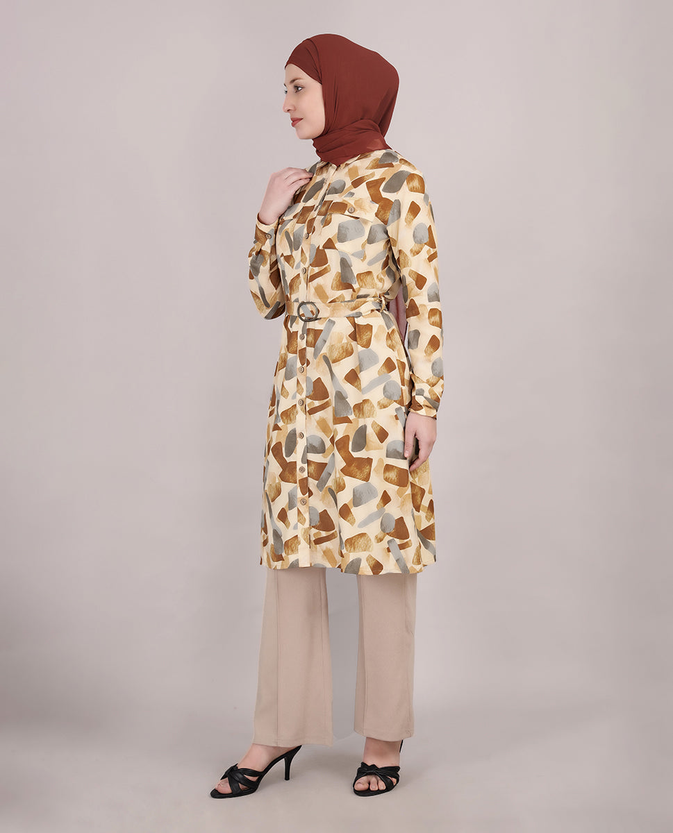 Abstract Print Belted Rayon Top
