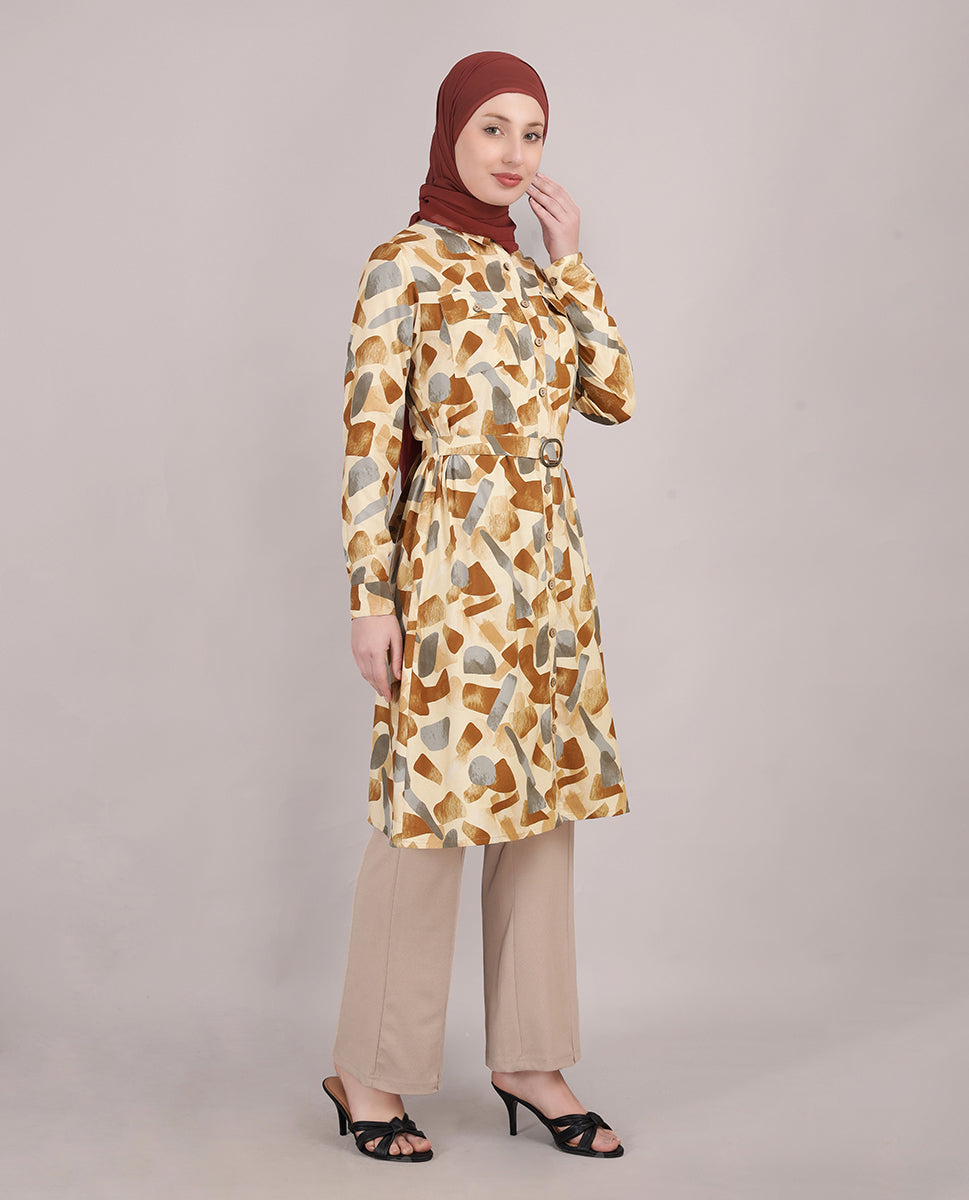 Abstract Print Belted Rayon Top