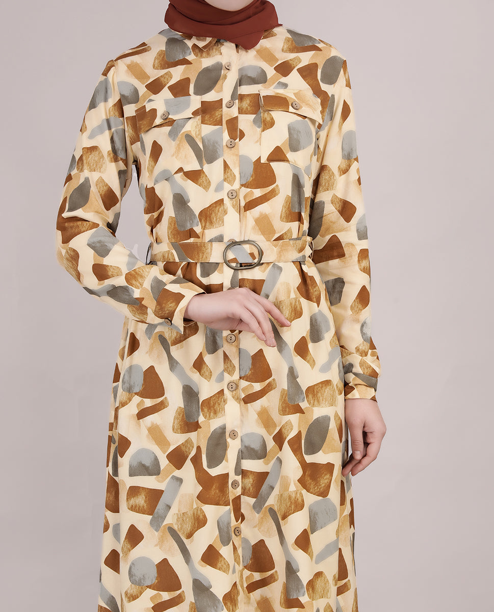 Abstract Print Belted Rayon Top