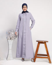 Front view of lavish lilac pleated abaya – modest abaya design