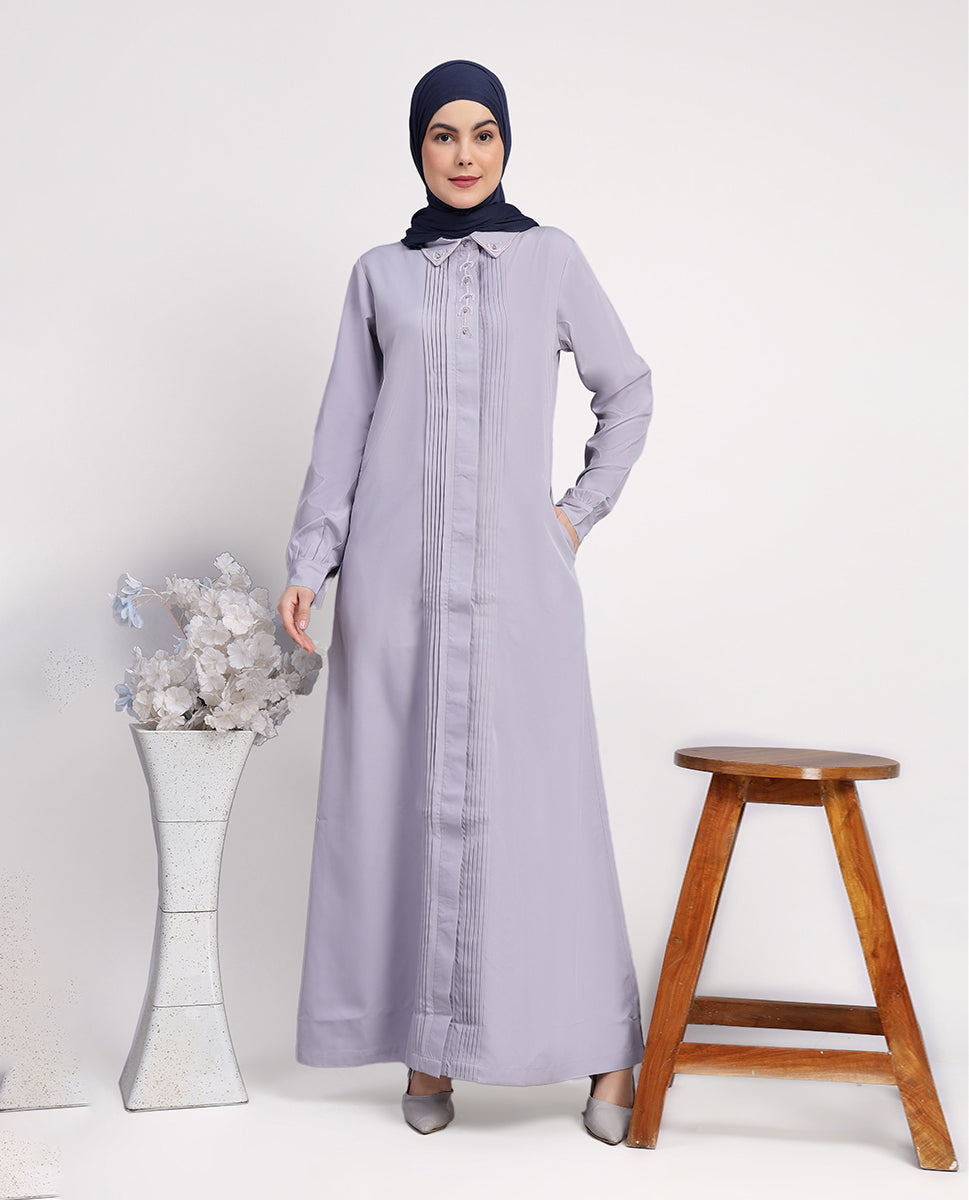 Front view of lavish lilac pleated abaya – modest abaya design
