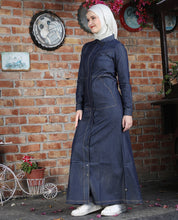 Rustic Blue Full Front Open Denim Jilbab, urban abaya, jilbab, modest wear, Islamic dress, long dress