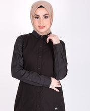 Front view of full front open collared black jilbab – modest abaya design