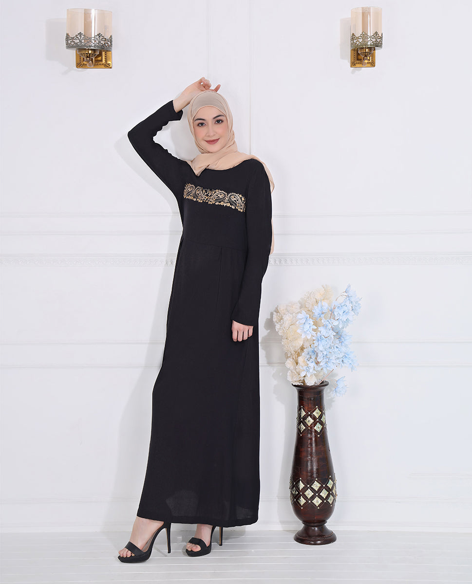 Front view of black elegance embroidered abaya – modest abaya design