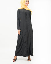 Front view of black satin detail abaya – modest abaya design