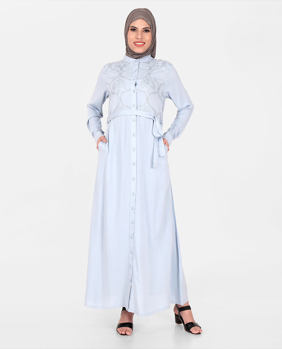 Front view of ocean mist rayon abaya – modest abaya design
