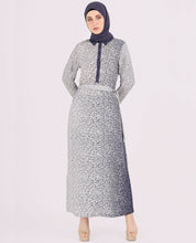 Front view of blue and white tie and dye printed jilbab – modest abaya design