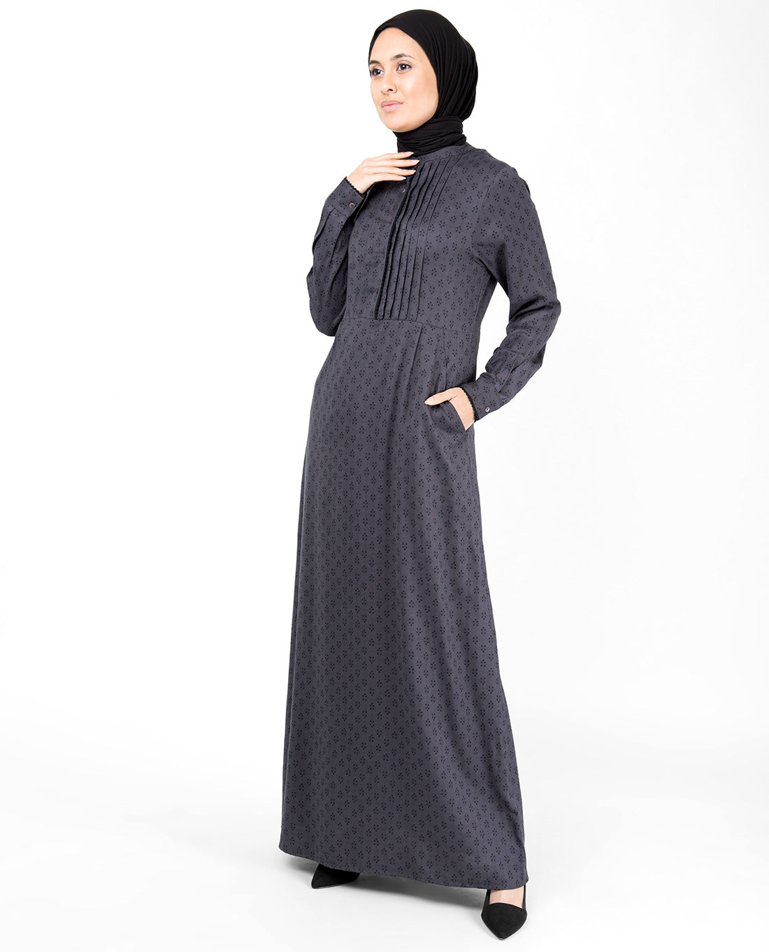 Front view of pintuck tonal print abaya – modest abaya design