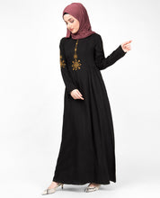 Front view of midnight black gold embroidery abaya – modest abaya design