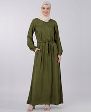 Front view of moss green belted abaya – modest abaya design