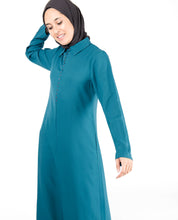 Front view of deep teal fabric button abaya – modest abaya design