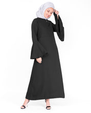 Front view of bell sleeve black lace abaya – modest abaya design