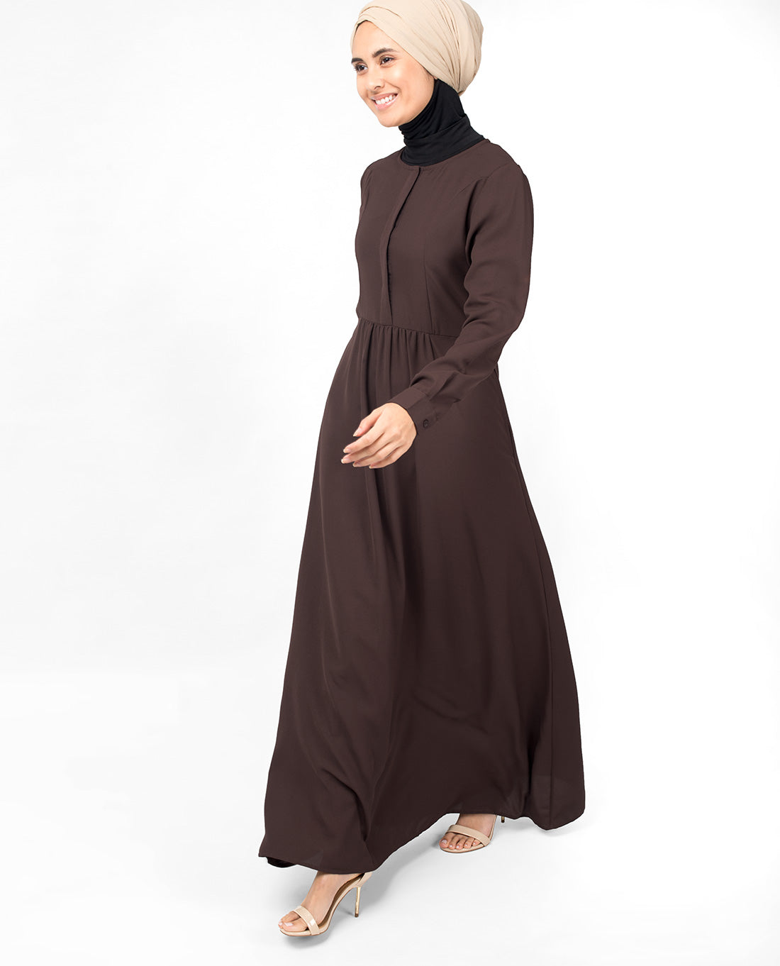 Front view of brown hook slim flared abaya – modest abaya design