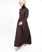 Front view of brown hook slim flared abaya – modest abaya design