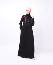 Front view of black floral embroidered abaya – modest abaya design