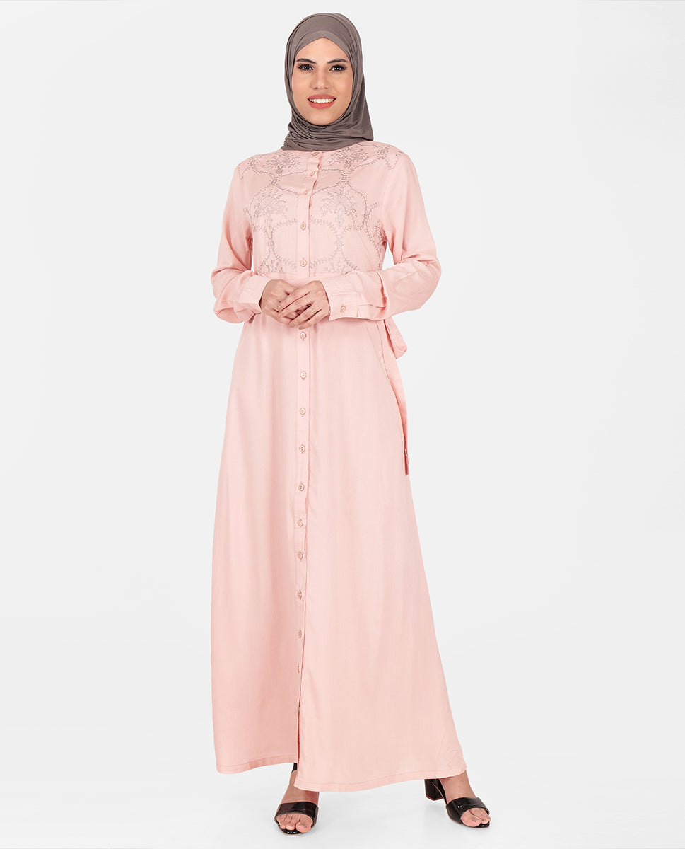Front view of floral blush rayon abaya – modest abaya design