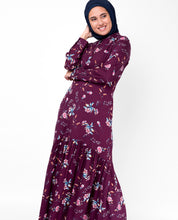 Front view of cherry floral gathered abaya – modest abaya design