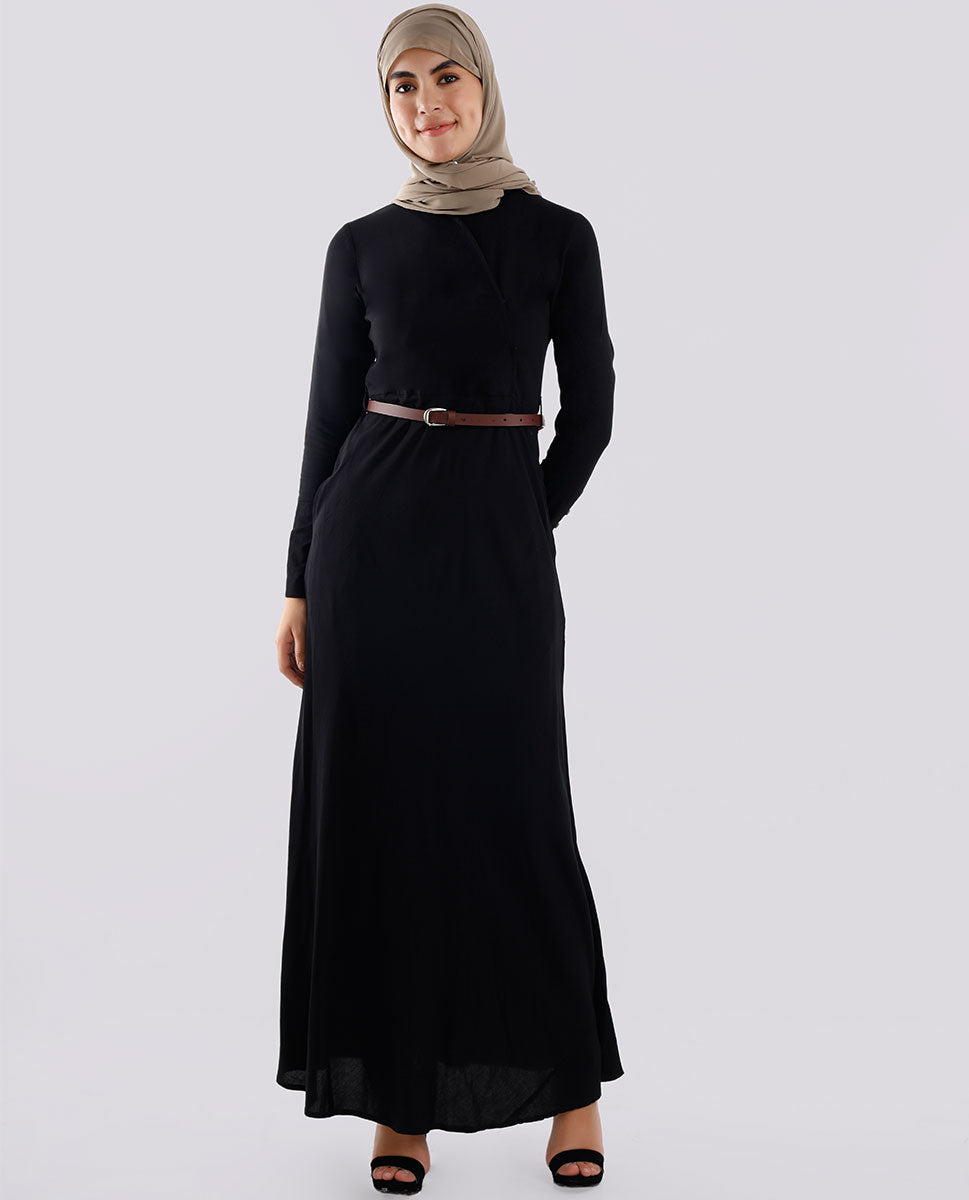 Front view of charcoal black cross neck belted abaya – modest abaya design
