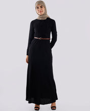Front view of charcoal black cross neck belted abaya – modest abaya design