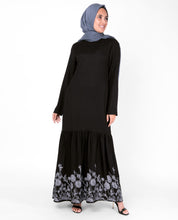 Front view of black floral print gathered abaya – modest abaya design