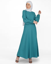 Front view of pearl embellished brittany blue puffed sleeve abaya – modest abaya design