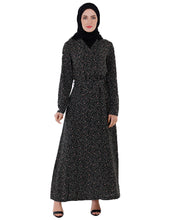 Front view of black all over print abaya – modest abaya design