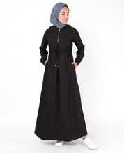 Front view of baseball collar drawstring black jilbab – modest abaya design