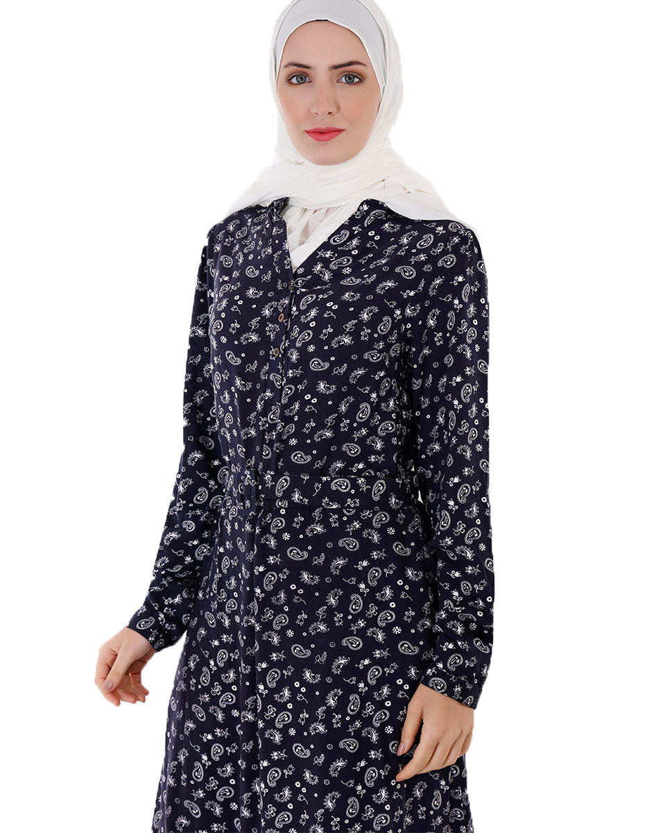 Front view of navy all over print abaya – modest abaya design