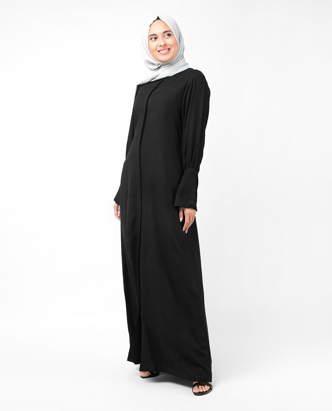 Front view of full front open black bell sleeve abaya – modest abaya design