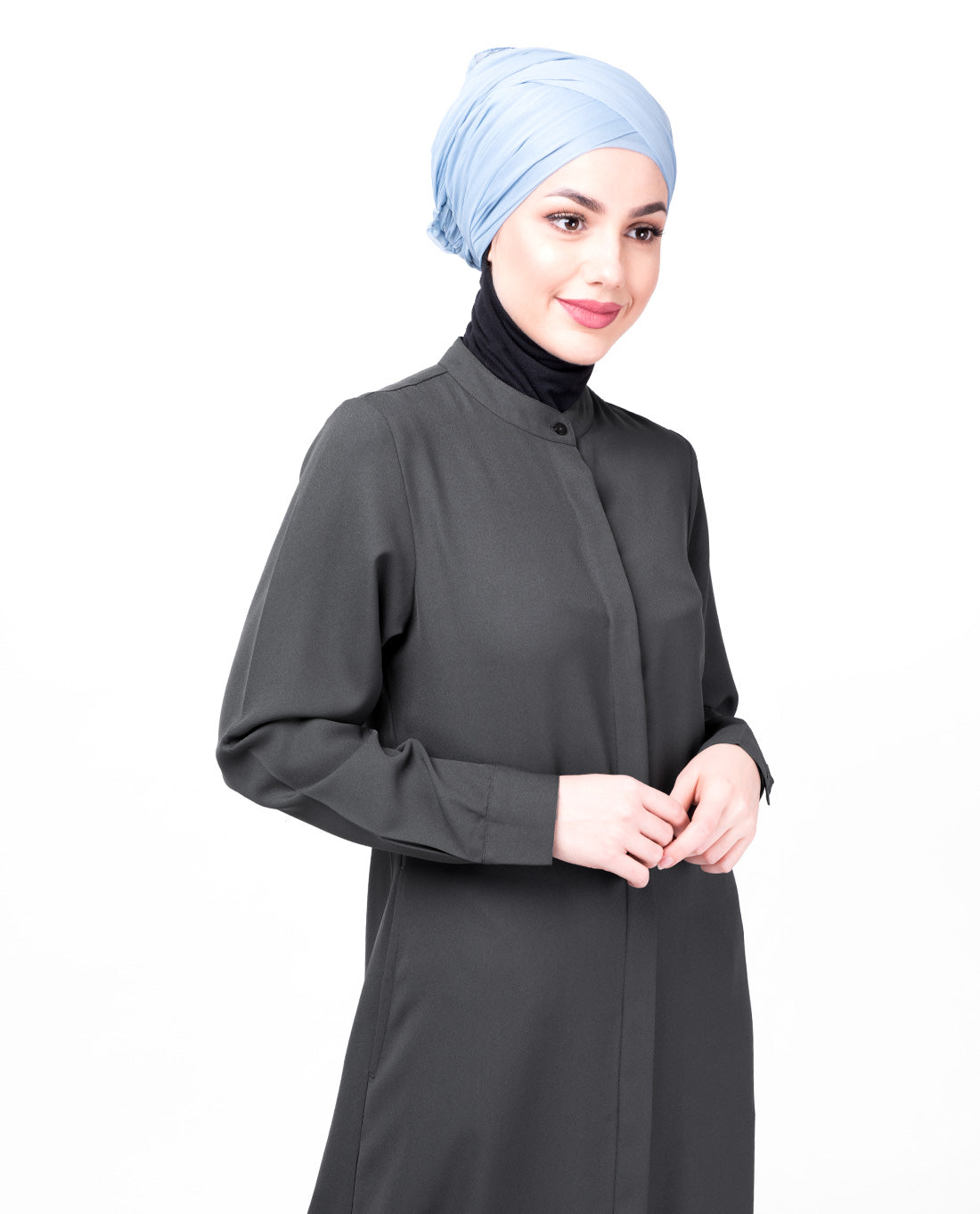 Front view of steel grey full front open abaya – modest abaya design