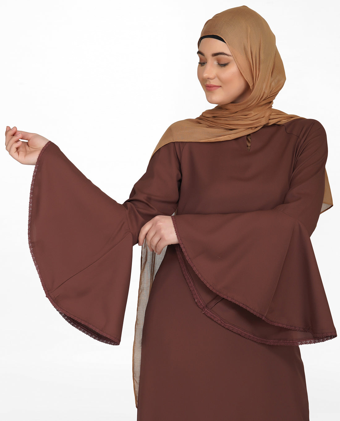 Front view of bell sleeve cognac brown lace abaya – modest abaya design