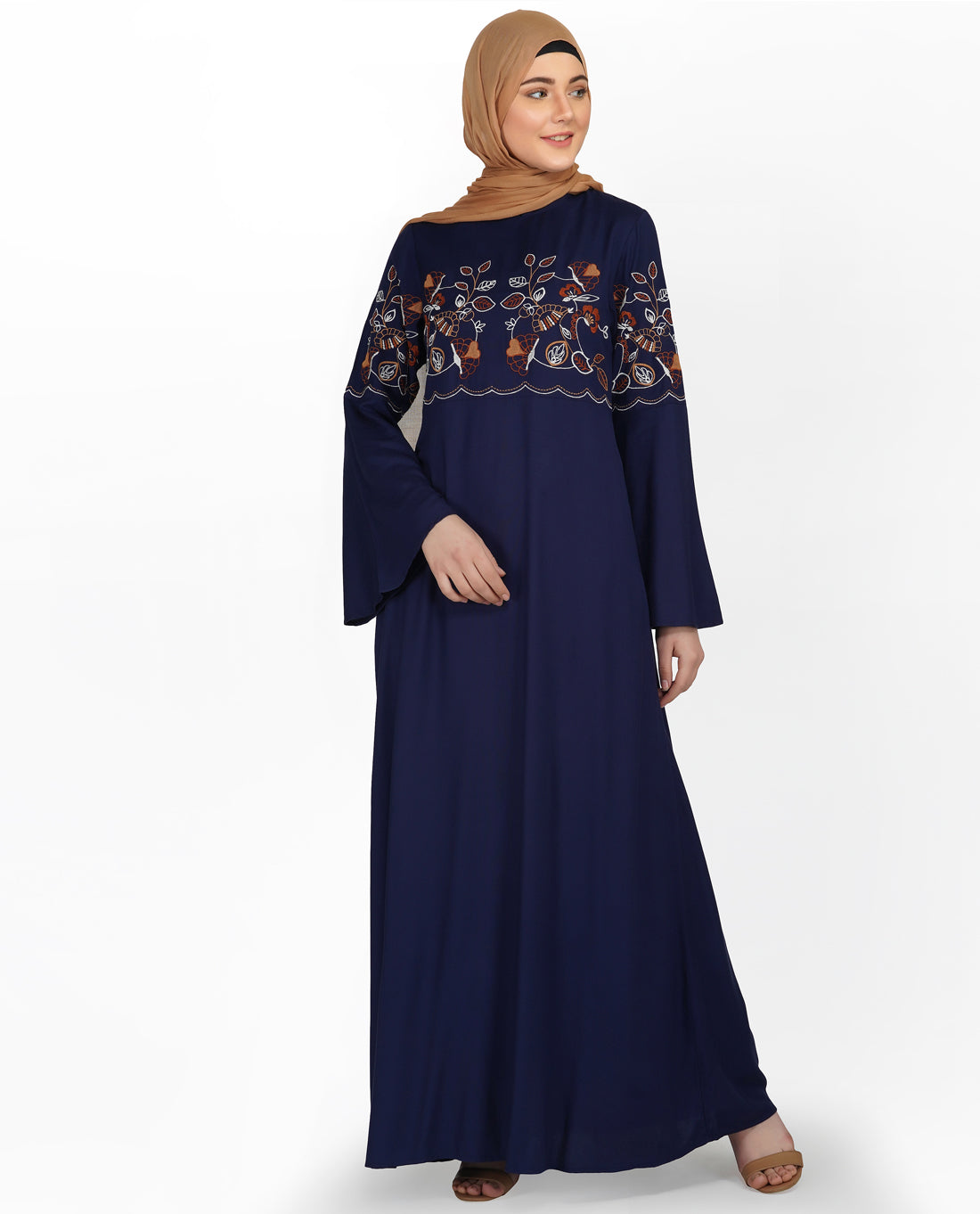 Front view of navy embroidered bell sleeve abaya – modest abaya design