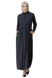 Front view of ebony gathered waist full front open abaya – modest abaya design