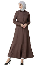 Front view of cognac brown shirt collar abaya – modest abaya design
