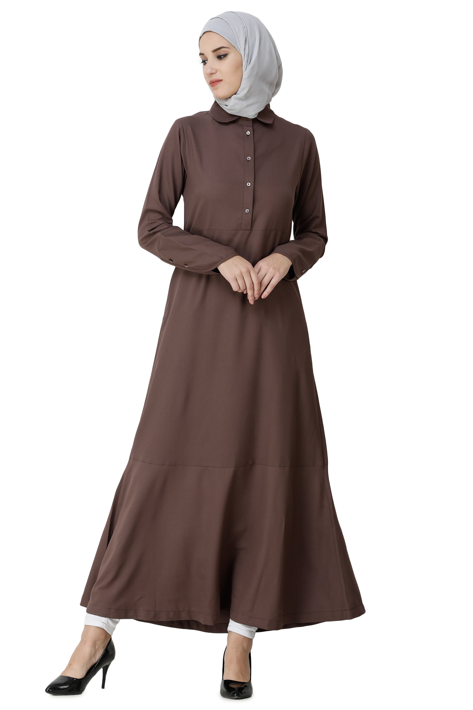 Front view of cognac brown shirt collar abaya – modest abaya design