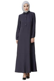 Front view of graphite grey shirt collar flared abaya – modest abaya design