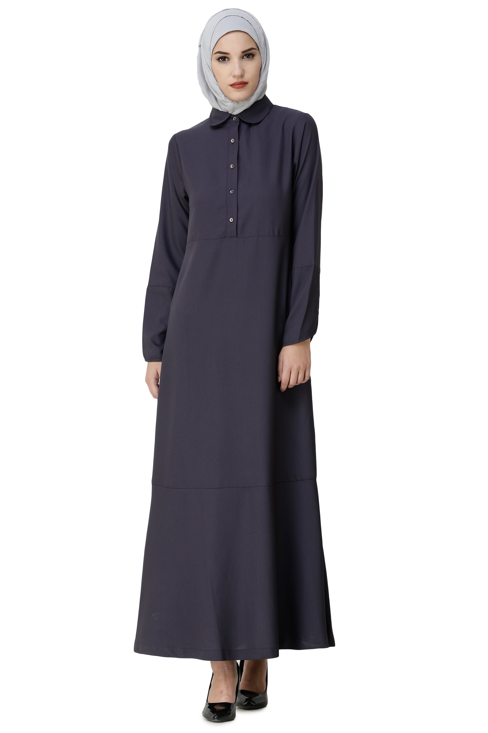 Front view of graphite grey shirt collar flared abaya – modest abaya design