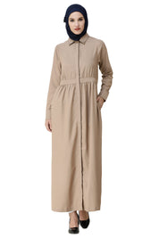 Front view of gathered waist full front open abaya – modest abaya design