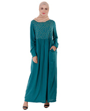 Front view of green with gold embroidery abaya – modest abaya design