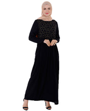 Front view of black with gold embroidery abaya – modest abaya design
