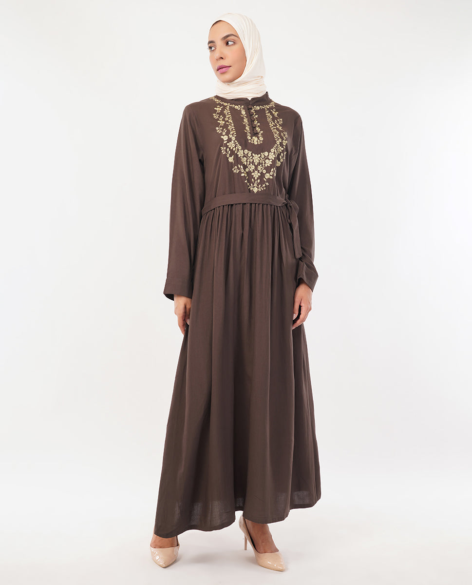 Front view of flare & thread embroidered abaya – modest abaya design