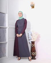 Front view of plush plum and blue jilbab – modest abaya design