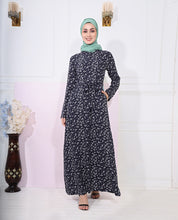 Front view of blue paisley printed abaya – modest abaya design