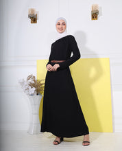 Front view of rich black smart belted abaya – modest abaya design