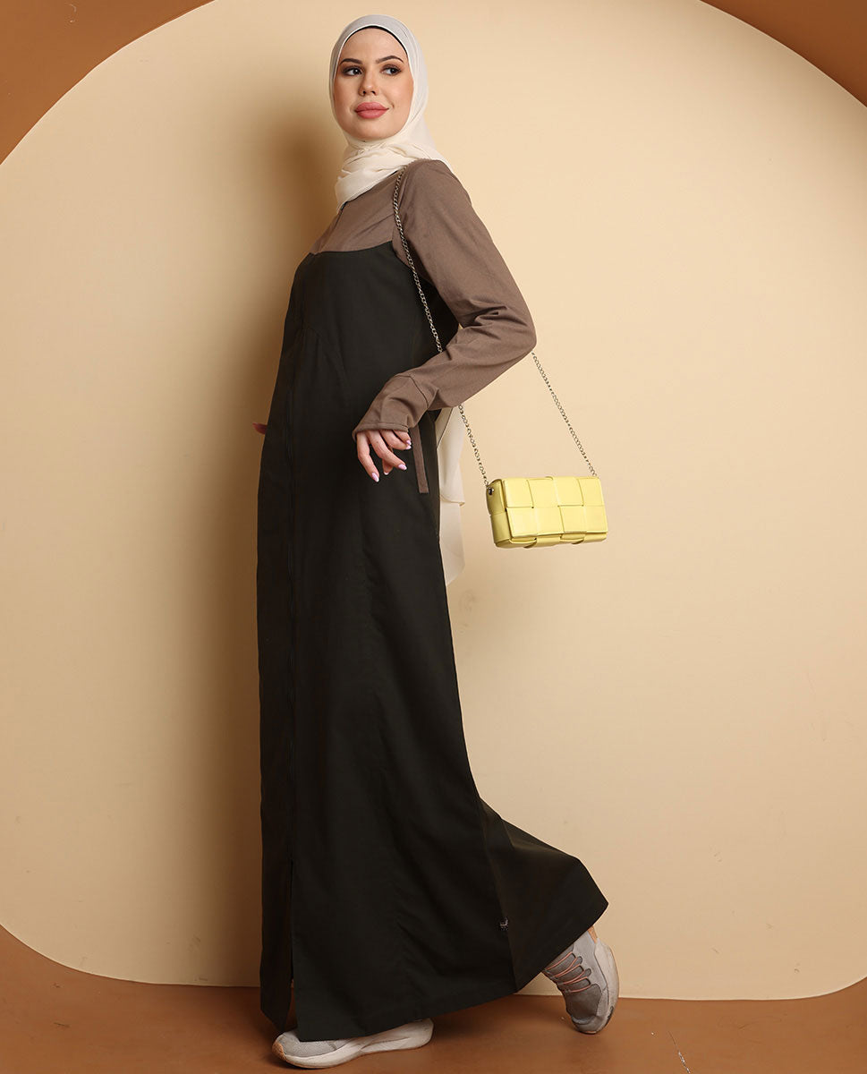 Front view of fresh olive full front opening jilbab – modest abaya design